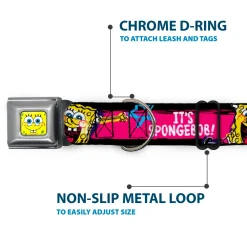 SpongeBob Face CLOSE-UP Full Color Seatbelt Buckle Collar - SpongeBob Pose IT'S SPONGEBOB! Stripe Black/Pink/Blue/White