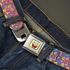 SpongeBob Open Mouth Smile Full Color Seatbelt Belt - Mini SpongeBob & Friends/Sea Creatures/Food Scattered Ombre Multi Color Webbing