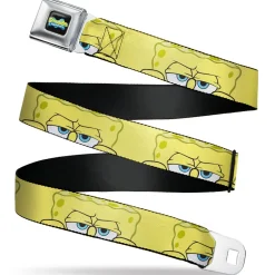 SpongeBob SquarePants Logo Full Color Black/Blues Seatbelt Belt - SpongeBob SquarePants Close-Up Face Yellow Webbing