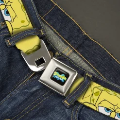SpongeBob SquarePants Logo Full Color Black/Blues Seatbelt Belt - SpongeBob SquarePants Close-Up Face Yellow Webbing
