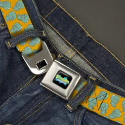 SpongeBob SquarePants Logo Full Color Black/Blues Seatbelt Belt - SpongeBob Handsome Squidward Face Scattered Orange Webbing