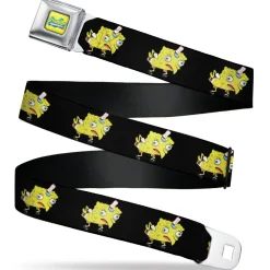 SpongeBob SquarePants Logo Full Color Yellows/Blues Seatbelt Belt - Mocking SpongeBob SquarePants Pose Black Webbing