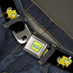 SpongeBob SquarePants Logo Full Color Yellows/Blues Seatbelt Belt - Mocking SpongeBob SquarePants Pose Black Webbing
