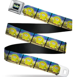 SpongeBob SquarePants Logo Full Color Black/Blues Seatbelt Belt - SpongeBob SquarePants Smiling Rainbow Pose Blocks Webbing