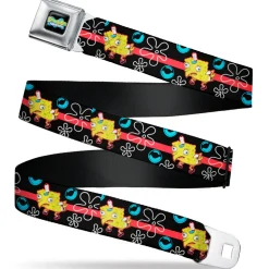 SpongeBob SquarePants Logo Full Color Black/Blues Seatbelt Belt - Mocking SpongeBob Pose and Bubbles Stripe Black/Blue/Red Webbing