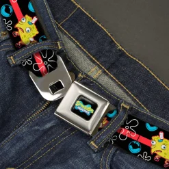 SpongeBob SquarePants Logo Full Color Black/Blues Seatbelt Belt - Mocking SpongeBob Pose and Bubbles Stripe Black/Blue/Red Webbing