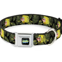 SpongeBob SquarePants Logo2 Full Color Black Seatbelt Buckle Collar - Primitive Sponge Pose/Leaves Black/Green