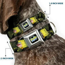 SpongeBob SquarePants Logo2 Full Color Black Seatbelt Buckle Collar - Primitive Sponge Pose/Leaves Black/Green