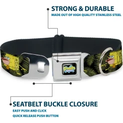 SpongeBob SquarePants Logo2 Full Color Black Seatbelt Buckle Collar - Primitive Sponge Pose/Leaves Black/Green