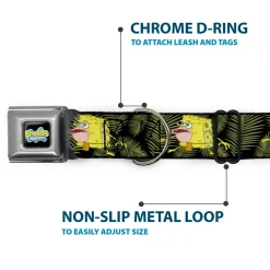 SpongeBob SquarePants Logo2 Full Color Black Seatbelt Buckle Collar - Primitive Sponge Pose/Leaves Black/Green