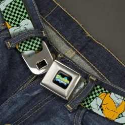 SpongeBob SquarePants Logo Full Color Black/Blues Seatbelt Belt - SpongeBob Handsome Squidward Pose Checker Black/Green Webbing