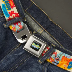 SpongeBob SquarePants Logo Full Color Black/Blues Seatbelt Belt - SpongeBob SquarePants Mr. Krab Krusty Krab SUCCCE$$ Collage Ivory/Multi Color Webbing