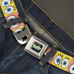 SpongeBob SquarePants Logo Full Color Black/Blues Seatbelt Belt - SpongeBob SquarePants and Patrick Star Eye Blocks Yellow/Pink Webbing