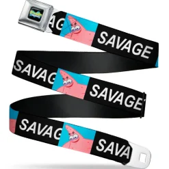 SpongeBob SquarePants Logo Full Color Black/Blues Seatbelt Belt - SpongeBob Patrick Star SAVAGE Pose Block Black/Blue Webbing
