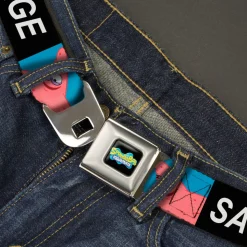 SpongeBob SquarePants Logo Full Color Black/Blues Seatbelt Belt - SpongeBob Patrick Star SAVAGE Pose Block Black/Blue Webbing