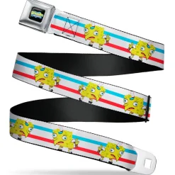 SpongeBob SquarePants Logo2 Full Color Black Seatbelt Belt - Mocking SpongeBob Pose Stripe White/Blue/Red Webbing