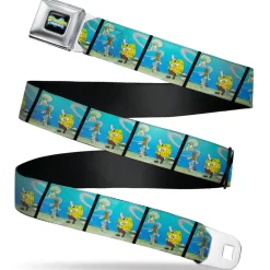 SpongeBob SquarePants Logo Full Color Black/Blues Seatbelt Belt - SpongeBob SquarePants and Squidward Pizza Scene Pose Blocks Webbing