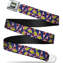 SpongeBob SquarePants Logo Full Color Black Seatbelt Belt - Patrick Starfish Pose Scattered Purple Webbing