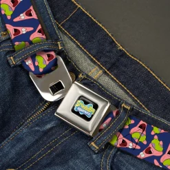 SpongeBob SquarePants Logo Full Color Black Seatbelt Belt - Patrick Starfish Pose Scattered Purple Webbing