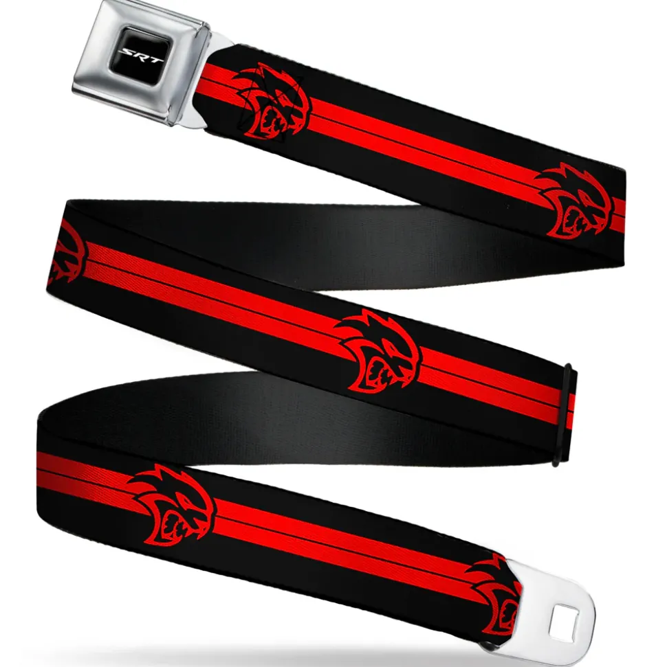 SRT Logo Full Color Black White Seatbelt Belt - Dodge Hellcat Stripe Logo Black/Red Webbing
