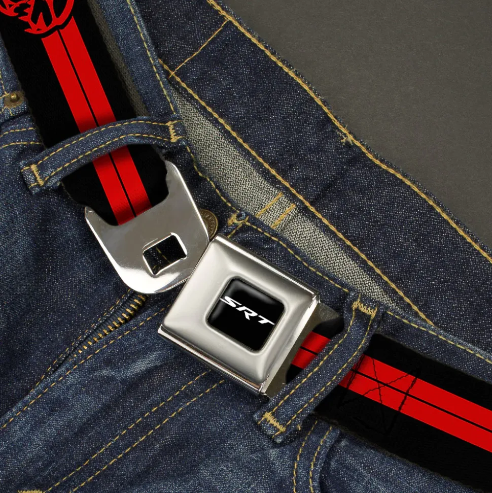 SRT Logo Full Color Black White Seatbelt Belt - Dodge Hellcat Stripe Logo Black/Red Webbing