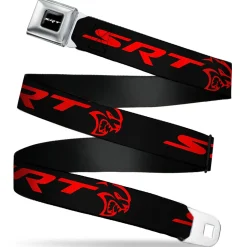 SRT Logo Full Color Black White Seatbelt Belt - Dodge SRT Hellcat Logo CLOSE-UP Black/Red Webbing