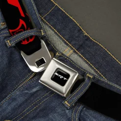 SRT Logo Full Color Black White Seatbelt Belt - Dodge SRT Hellcat Logo CLOSE-UP Black/Red Webbing
