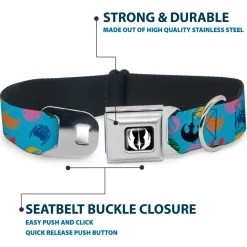 Star Wars Jedi Order Icon Full Color Black/White Seatbelt Buckle Collar - Star Wars Jedi Order and Rebel Alliance Icons Scattered Blue/Multi Color