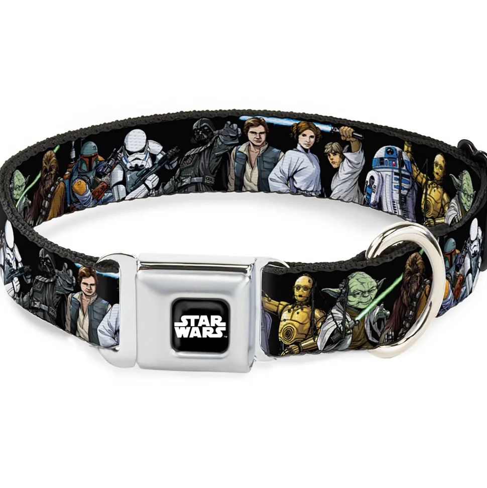STAR WARS Logo Full Color Black/White Seatbelt Buckle Collar - Star Wars Classic Character Poses Black