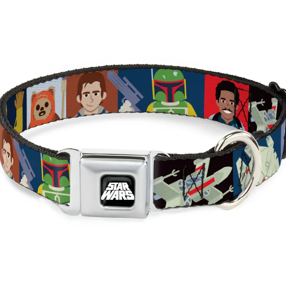 STAR WARS Logo Full Color Black/White Seatbelt Buckle Collar - Star Wars Classic 16-Character Pose Blocks Multi Color
