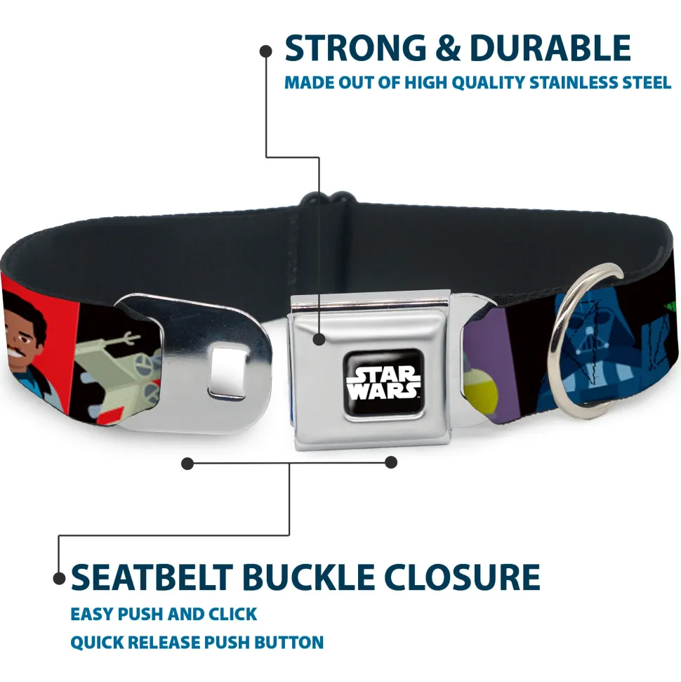 STAR WARS Logo Full Color Black/White Seatbelt Buckle Collar - Star Wars Classic 16-Character Pose Blocks Multi Color