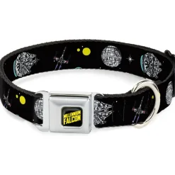 Star Wars MILLINNIUM FALCON Text Full Color Black/Yellow Seatbelt Buckle Collar - Star Wars Death Star Millennium Falcon and X-Wing Fighter in Space Black