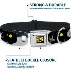 Star Wars MILLINNIUM FALCON Text Full Color Black/Yellow Seatbelt Buckle Collar - Star Wars Death Star Millennium Falcon and X-Wing Fighter in Space Black