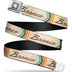 Starburst Seatbelt Belt - Ford BRONCO Script Beige/Brown/Blue/Orange Webbing