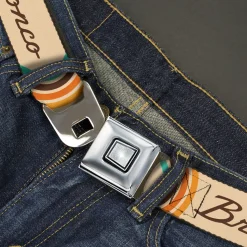 Starburst Seatbelt Belt - Ford BRONCO Script Beige/Brown/Blue/Orange Webbing