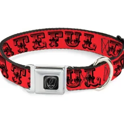 Steal Your Face Seatbelt Buckle Collar - Grateful Dead Text w/Skull & Roses Red