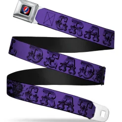 Steal Your Face Seatbelt Belt - Grateful Dead Text w/Skull & Roses Purple Webbing