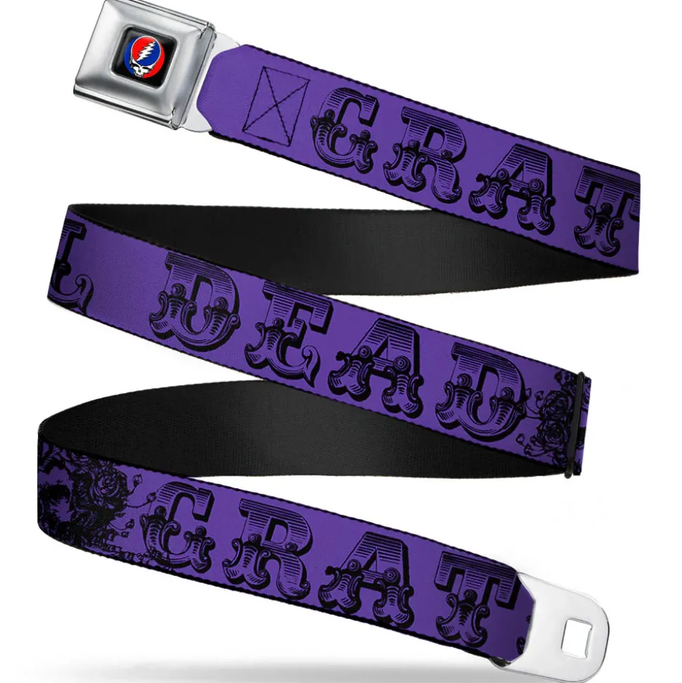 Steal Your Face Seatbelt Belt - Grateful Dead Text w/Skull & Roses Purple Webbing