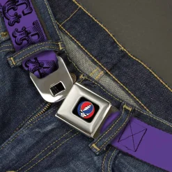 Steal Your Face Seatbelt Belt - Grateful Dead Text w/Skull & Roses Purple Webbing