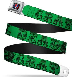 Steal Your Face Seatbelt Belt - Grateful Dead Text w/Skull & Roses Green Webbing