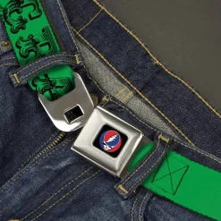 Steal Your Face Seatbelt Belt - Grateful Dead Text w/Skull & Roses Green Webbing