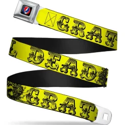 Steal Your Face Seatbelt Belt - Grateful Dead Text w/Skull & Roses Yellow Webbing
