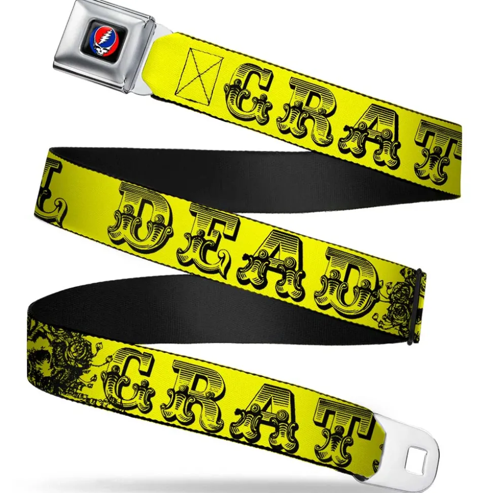 Steal Your Face Seatbelt Belt - Grateful Dead Text w/Skull & Roses Yellow Webbing