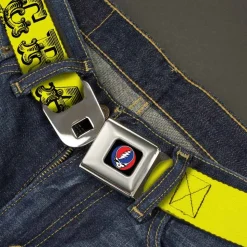 Steal Your Face Seatbelt Belt - Grateful Dead Text w/Skull & Roses Yellow Webbing