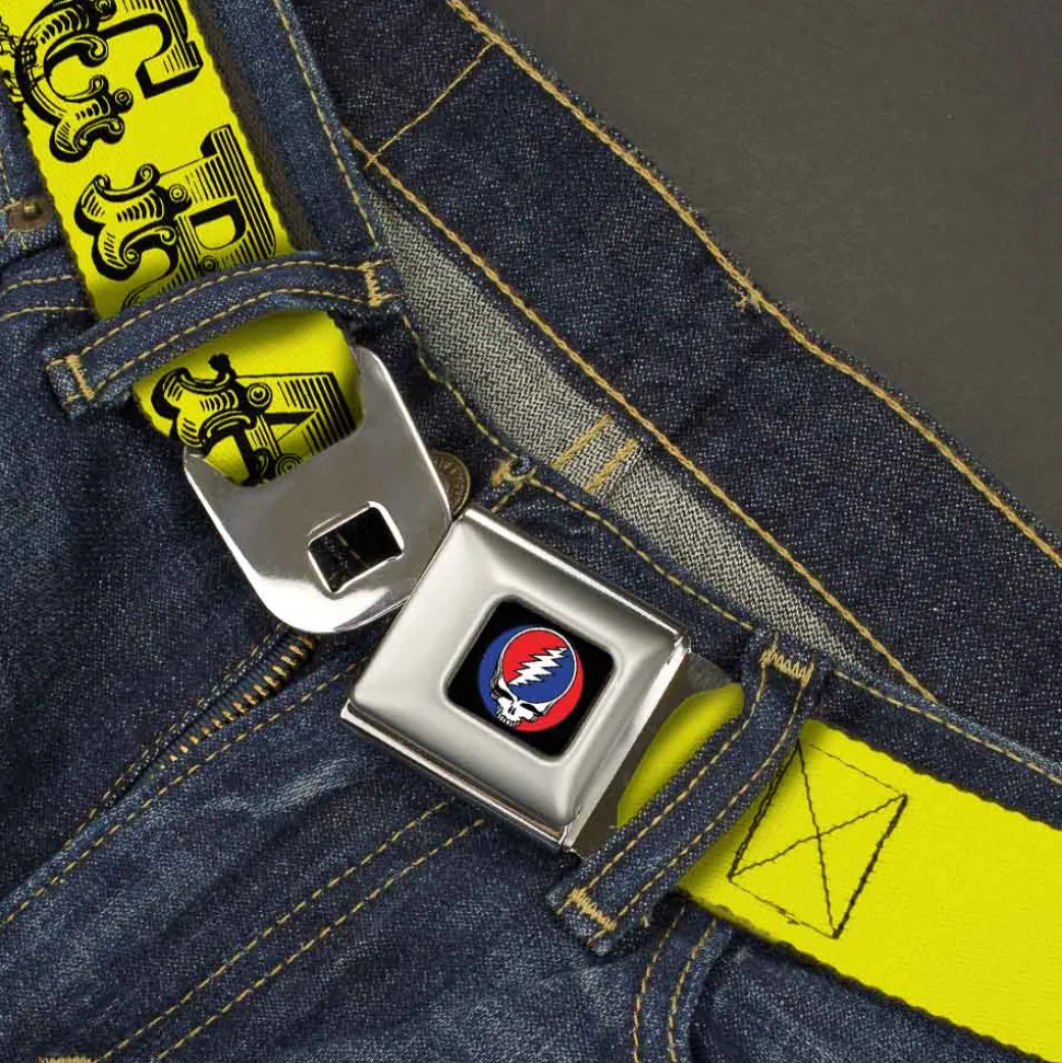 Steal Your Face Seatbelt Belt - Grateful Dead Text w/Skull & Roses Yellow Webbing