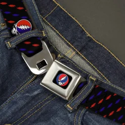 Steal Your Face Seatbelt Belt - Steal Your Face Repeat w/Mini Lightning Bolt Black/Red/White/Blue Webbing