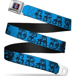 Steal Your Face Seatbelt Belt - Grateful Dead Text w/Skull & Roses Turquoise Webbing