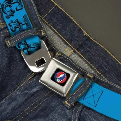 Steal Your Face Seatbelt Belt - Grateful Dead Text w/Skull & Roses Turquoise Webbing