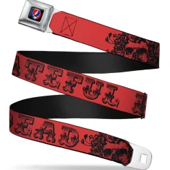 Steal Your Face Seatbelt Belt - Grateful Dead Text w/Skull & Roses Red Webbing