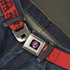 Steal Your Face Seatbelt Belt - Grateful Dead Text w/Skull & Roses Red Webbing